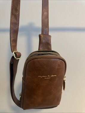 Nica Brown Faux Leather Mini Crossbody with Gold Script